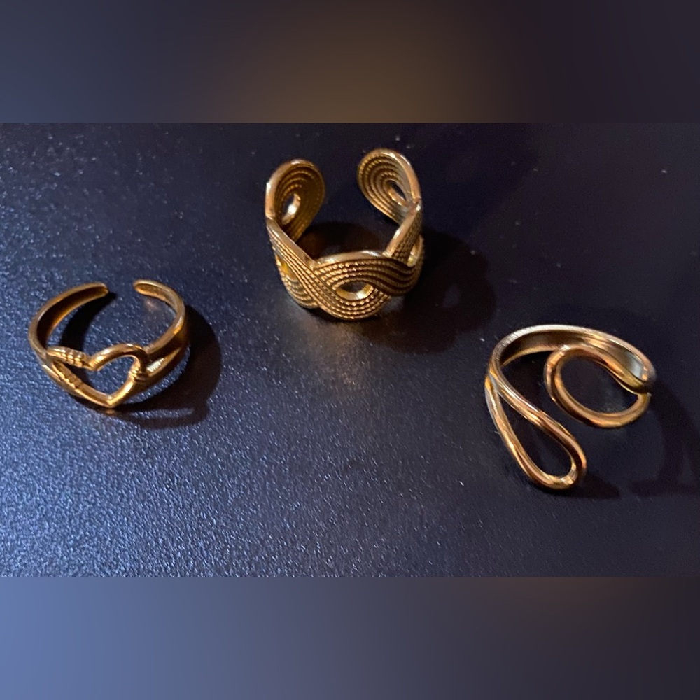 3 pc Stainless Steel Rings Set With Gold Plated, Adjustable Open Cuff